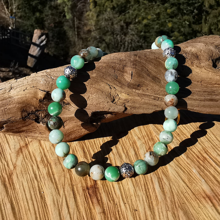 Edelsteinkette SELBST AKZEPTANZ mit Chrysopras und S925 Kugeln 8mm