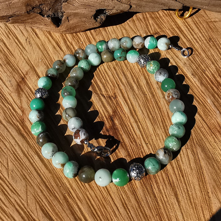 Edelsteinkette SELBST AKZEPTANZ mit Chrysopras und S925 Kugeln 8mm