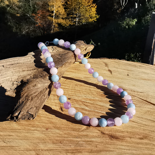 Heilsteinkette HARMONIE VERTRAUEN FRIEDEN Rosenquarz Amethyst Aquamarin 8mm Kugeln S925