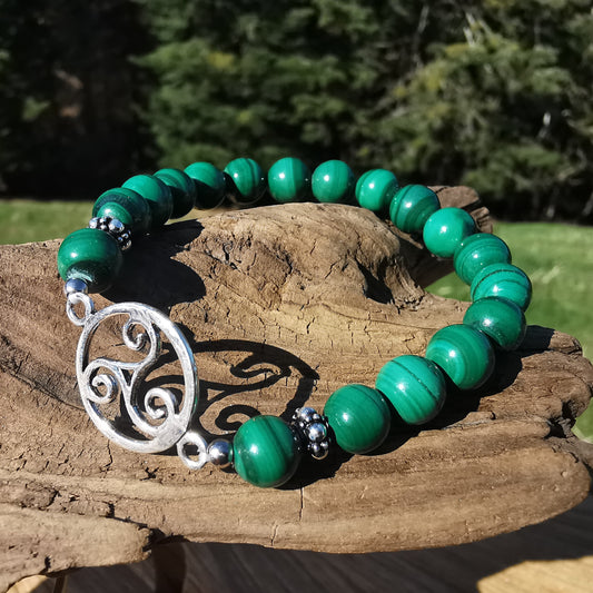 Armband NEUBEGINN Malachit keltische Triskele aus S925 8mm Kugeln