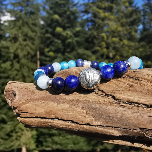 Heilstein Armband SELBST VERTRAUEN Apatit Aquamarin Lapislazuli Feder in 2 Varianten 6mm Kugeln