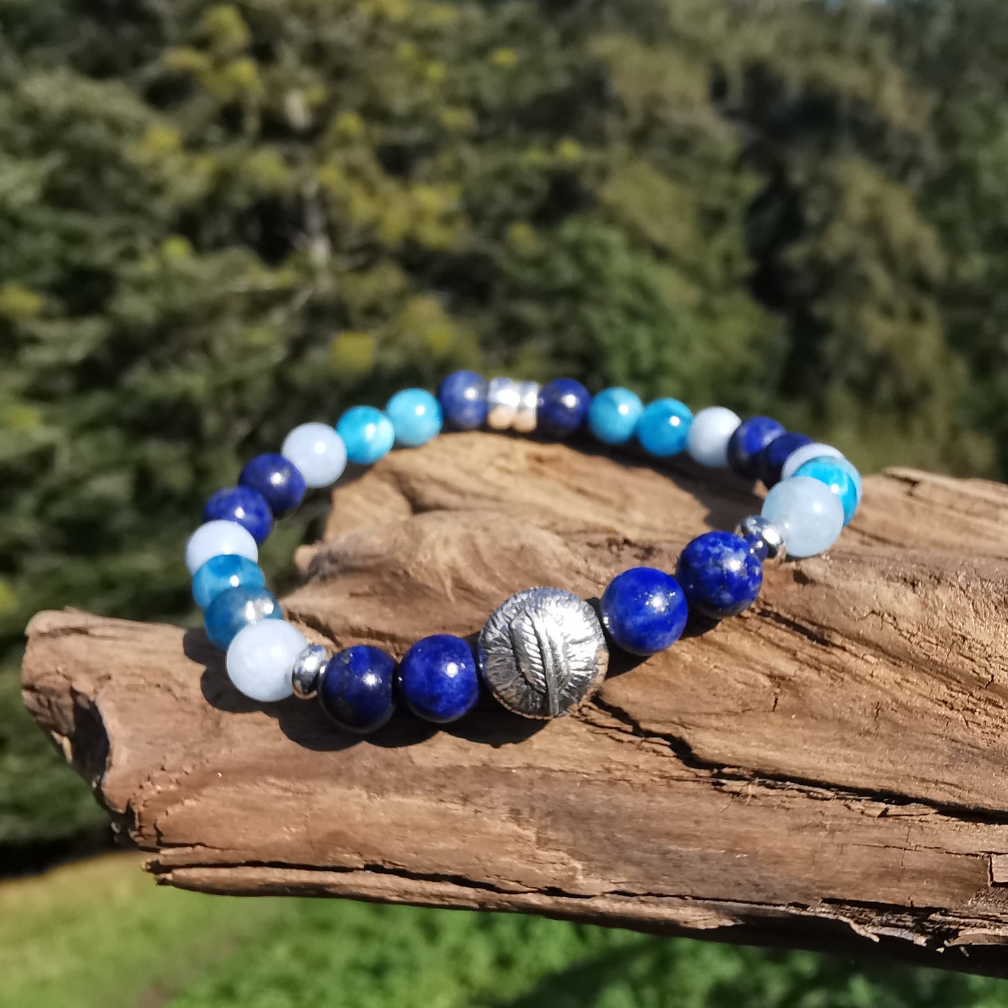 Heilstein Armband SELBST VERTRAUEN Apatit Aquamarin Lapislazuli Feder in 2 Varianten 6mm Kugeln