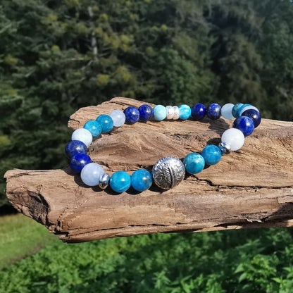 Heilstein Armband SELBST VERTRAUEN Apatit Aquamarin Lapislazuli Feder in 2 Varianten 6mm Kugeln